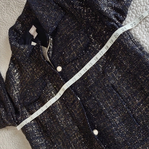 NWT Chico's Sz 2(12/14) Classic Navy Foil Tweed Long Sleeve Jacket Gold Metallic - Picture 6 of 16